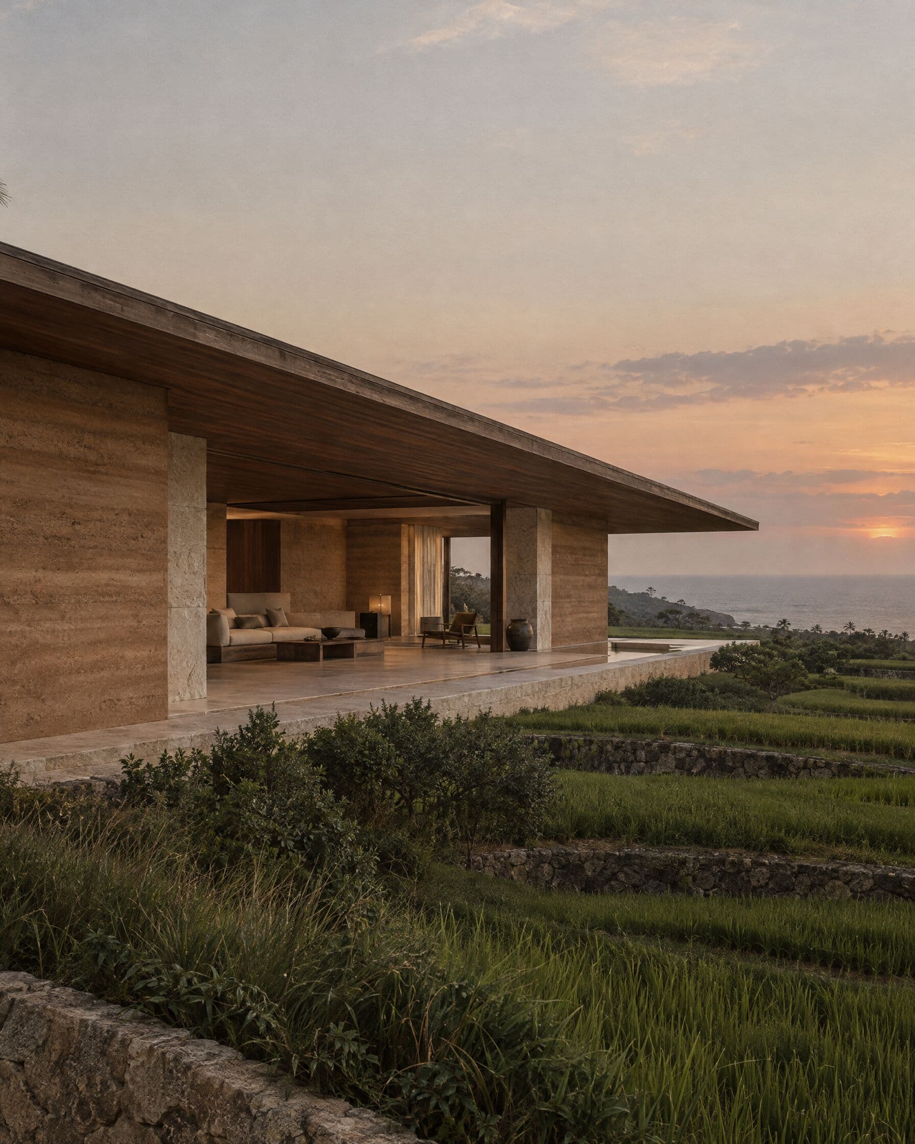 AI-generated illustration: Low limestone pavilion with deep timber roof over terraced fields at dusk