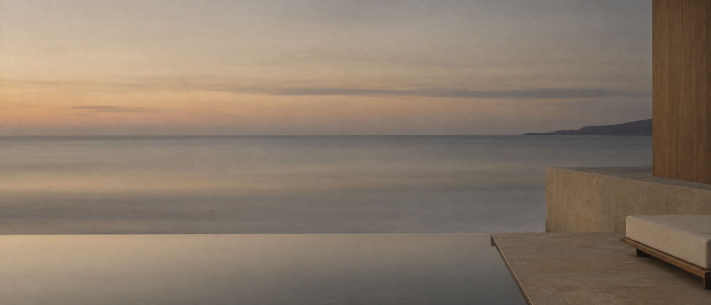 AI-generated illustration: A calm ocean horizon at dusk