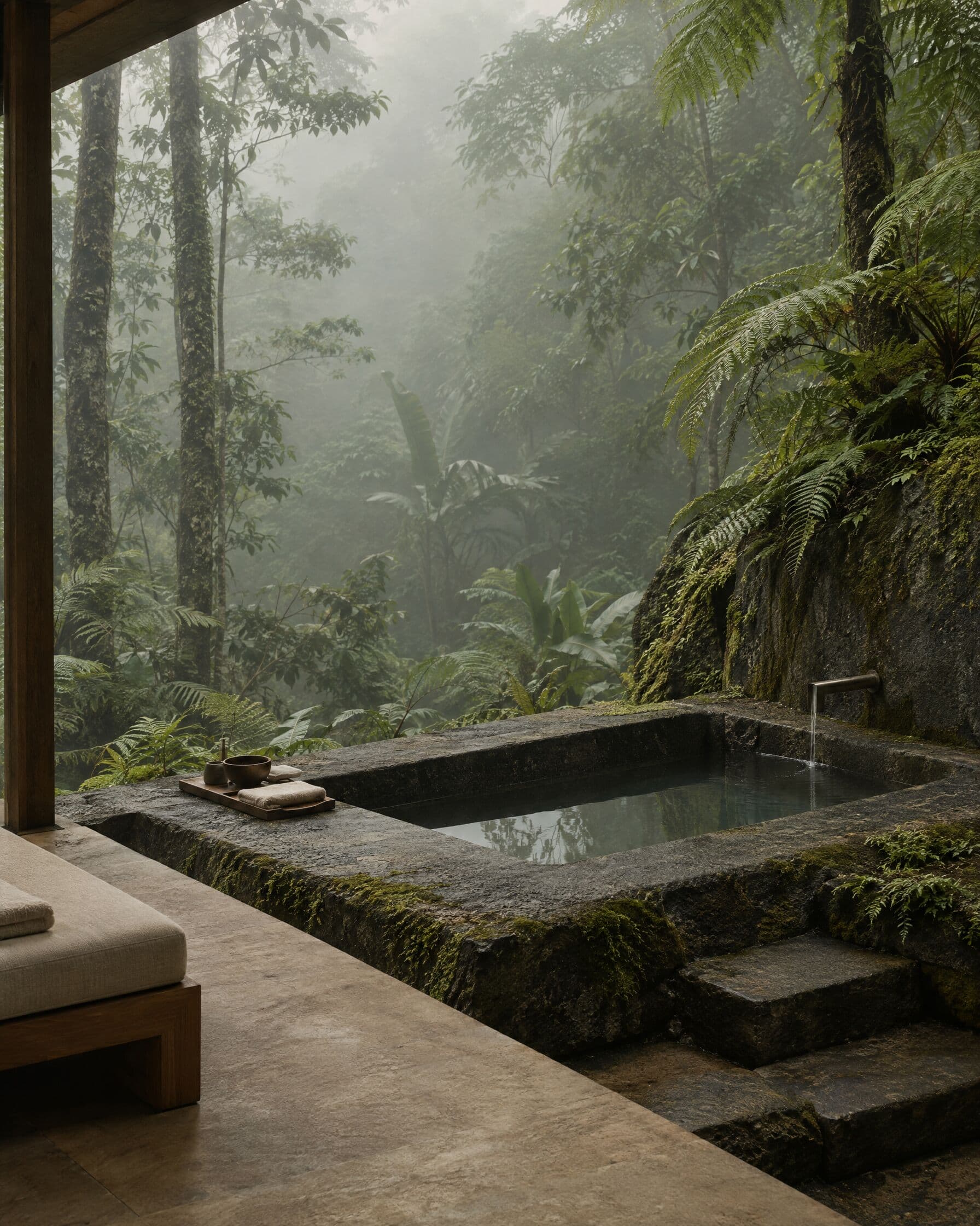 AI-generated illustration: Sunken stone bath in a misty tropical forest