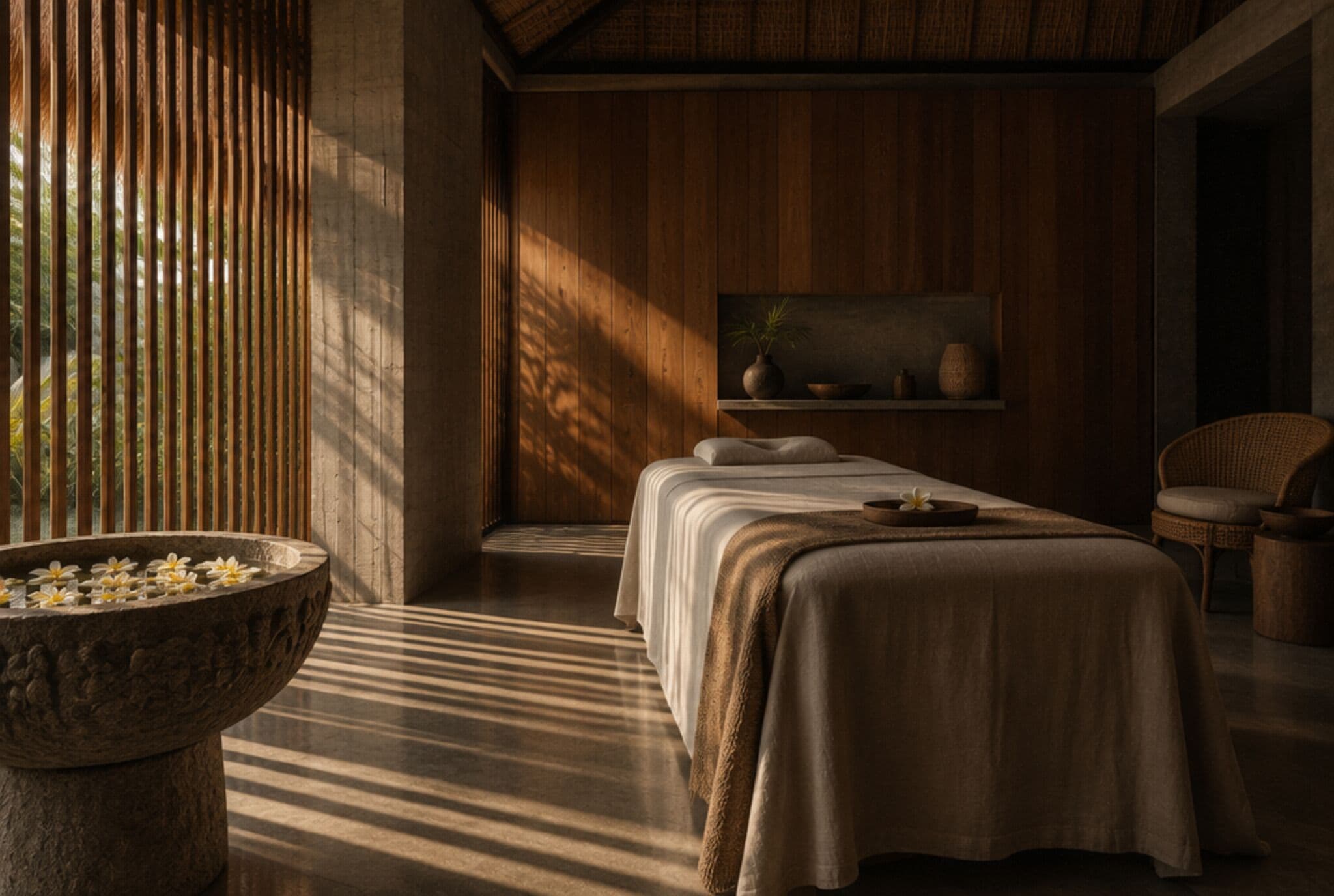 AI-generated illustration: Teak-panelled massage room with a linen treatment bed in slatted afternoon light