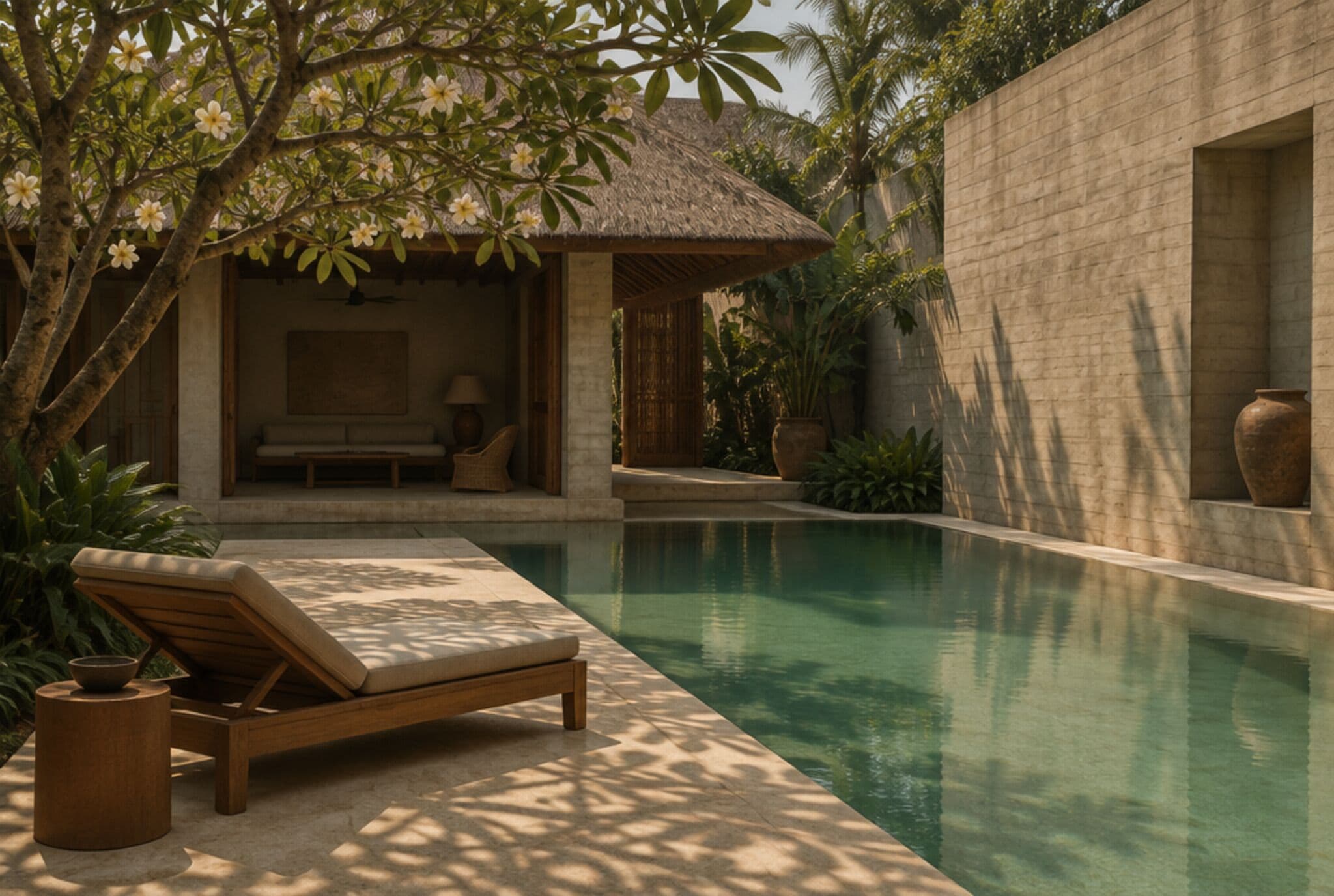 AI-generated illustration: Lime-washed courtyard with a pale jade pool and frangipani shadow